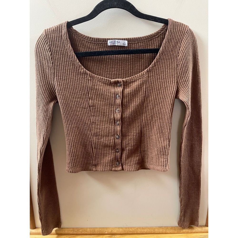 Arizona Jean Co Waffle Knit Henley Women Medium Brown Cropped Thermal